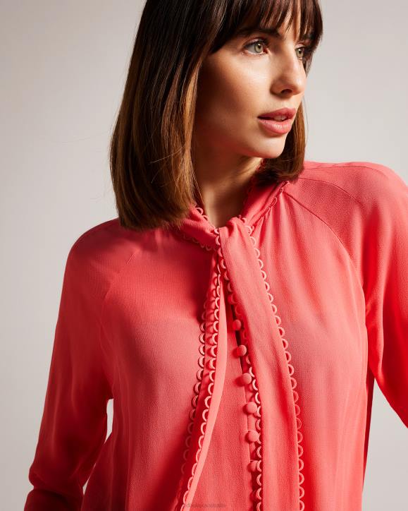 Ted Baker Julinaa Blouse with Rouleaux Trim Detail Coral Clothing Women TLPL366