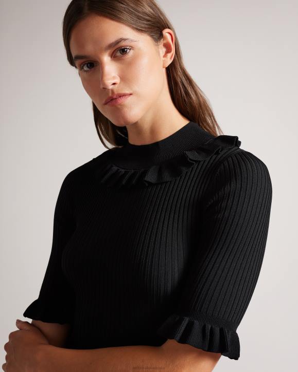 Ted Baker Katella Fitted Top With Frill Neck Detail Black Clothing Women TLPL393