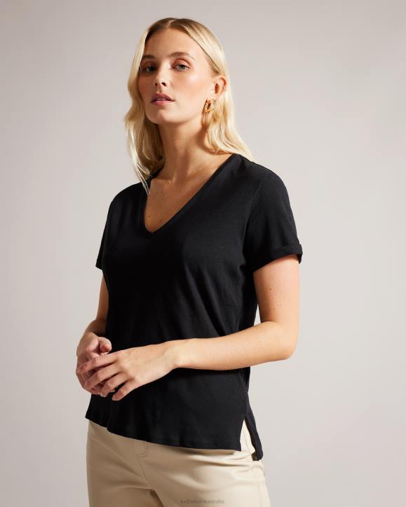 Ted Baker Laliita V Neck Cotton And Linen T-Shirt Black Clothing Women TLPL477