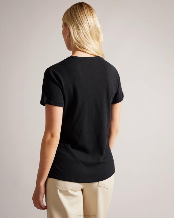 Ted Baker Laliita V Neck Cotton And Linen T-Shirt Black Clothing Women TLPL477