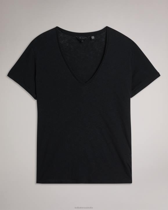 Ted Baker Laliita V Neck Cotton And Linen T-Shirt Black Clothing Women TLPL477