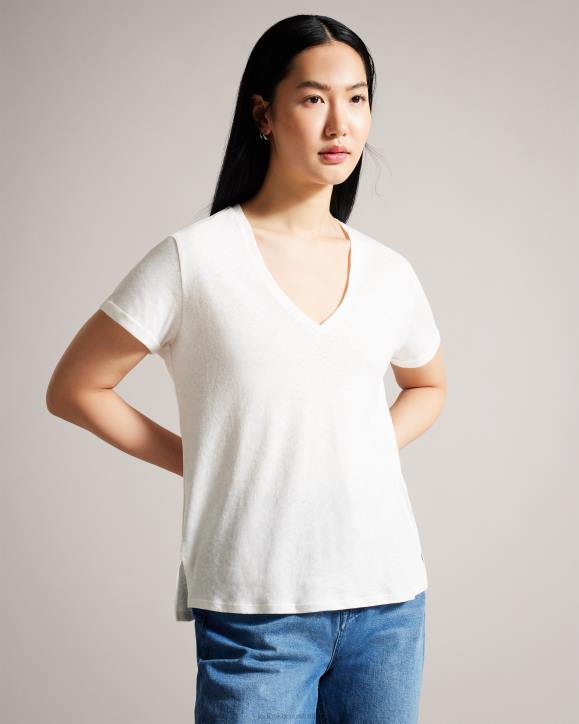 Ted Baker Laliita V Neck Cotton And Linen T-Shirt White Clothing Women TLPL475