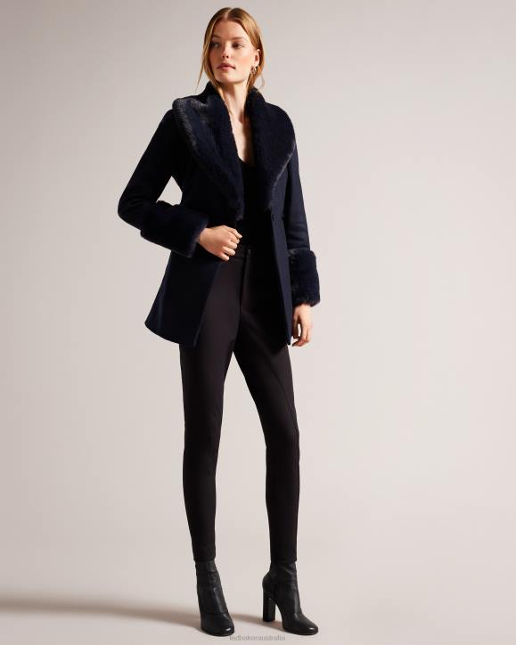 Ted Baker Loleta Belted Coat With Faux Fur Collar and Cuffs Navy Clothing Women TLPL422