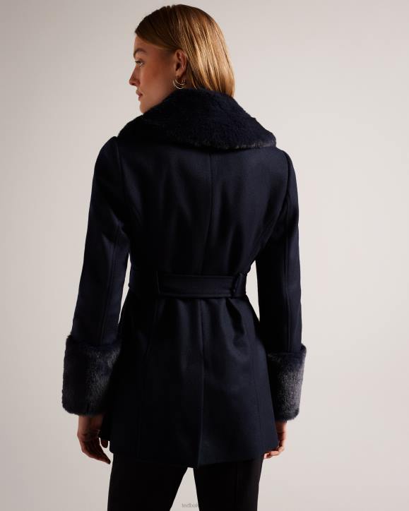 Ted Baker Loleta Belted Coat With Faux Fur Collar and Cuffs Navy Clothing Women TLPL422