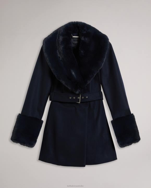 Ted Baker Loleta Belted Coat With Faux Fur Collar and Cuffs Navy Clothing Women TLPL422