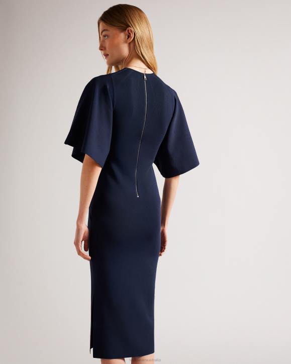 Ted Baker Lounia Fluted Sleeve Knitted Bodycon Midi Dress Dark Blue Clothing Women TLPL187