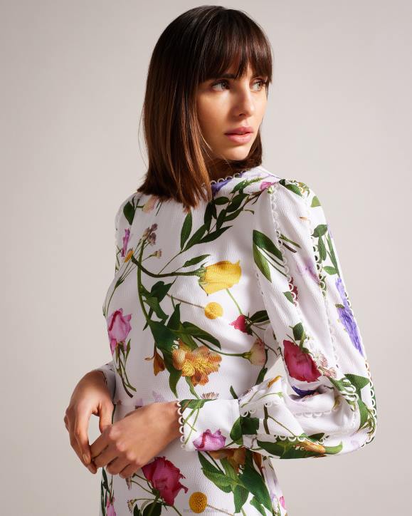 Ted Baker Marggoh Blouson Sleeve Floral Maxi Dress White Clothing Women TLPL211