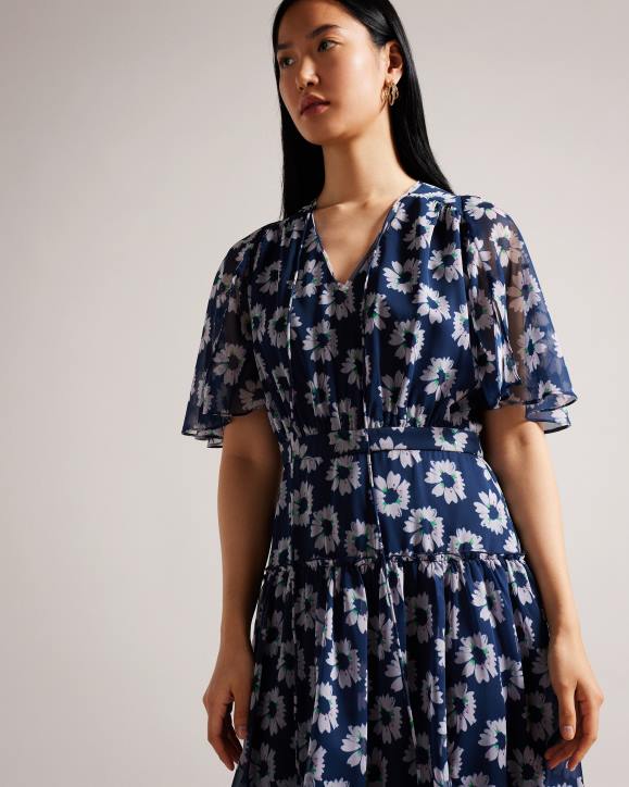 Ted Baker Marllee Floral Print Tiered Midi Dress Dark Navy Clothing Women TLPL151