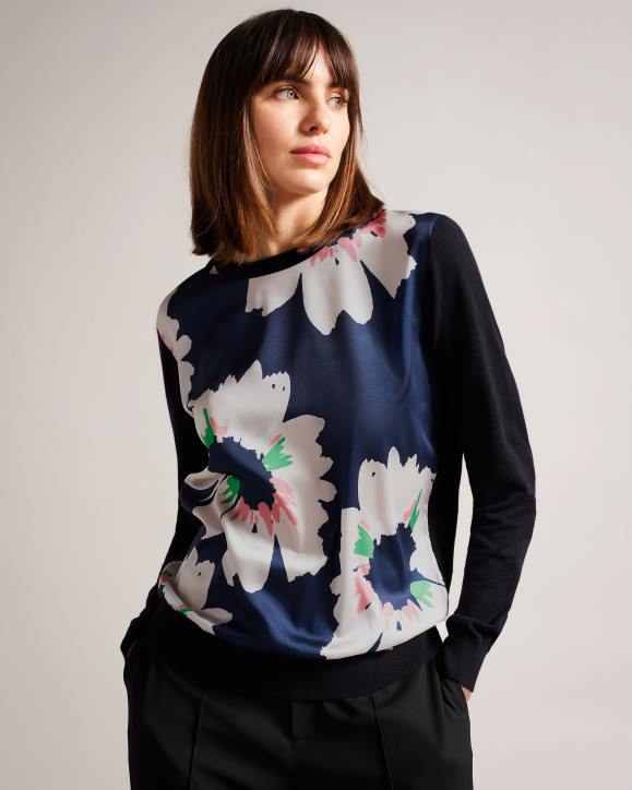 Ted Baker Marola Floral Front Easy Fit Jumper Dark Navy Clothing Women TLPL267