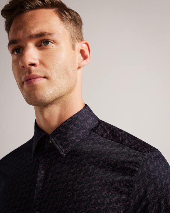 Ted Baker Matlock Long Sleeve Geometric Moth Print Shirt Navy Clothing Men TLPL1256