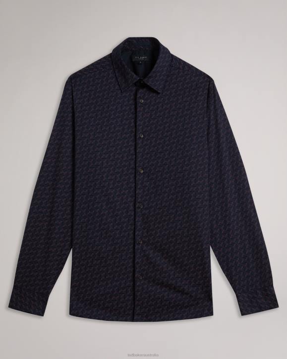 Ted Baker Matlock Long Sleeve Geometric Moth Print Shirt Navy Clothing Men TLPL1256