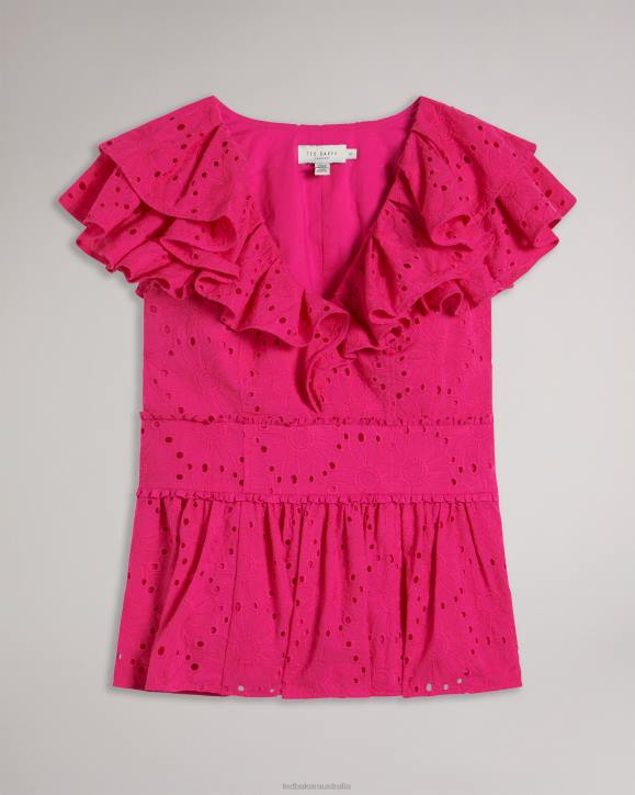 Ted Baker Mazieh Broderie Peplum Top Bright Pink Clothing Women TLPL321