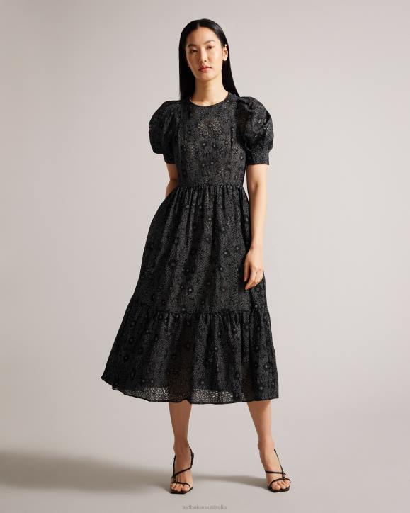 Ted Baker Meganie Puff Sleeve Tiered Maxi Dress Black Clothing Women TLPL16