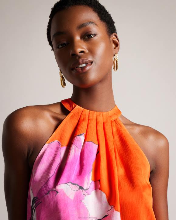 Ted Baker Milenaa Pleated Floral Halter Neck Top Bright Orange Clothing Women TLPL5