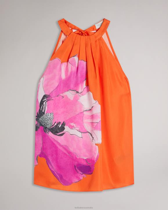 Ted Baker Milenaa Pleated Floral Halter Neck Top Bright Orange Clothing Women TLPL5