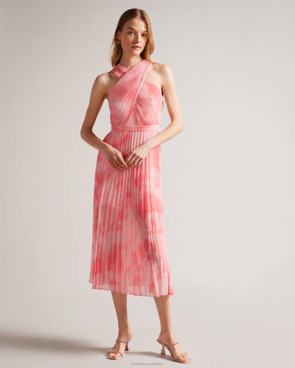 Ted Baker Mirelia Cross Front Pleated Midi Dress Coral Clothing Women TLPL19