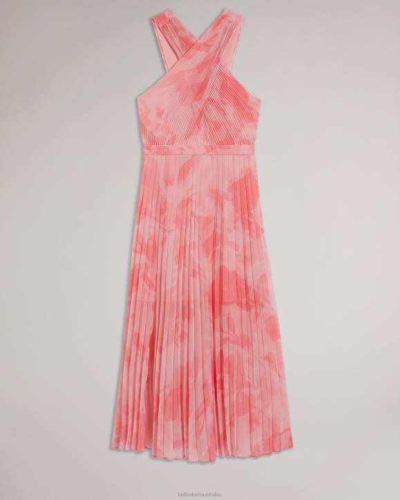 Ted Baker Mirelia Cross Front Pleated Midi Dress Coral Clothing Women TLPL19