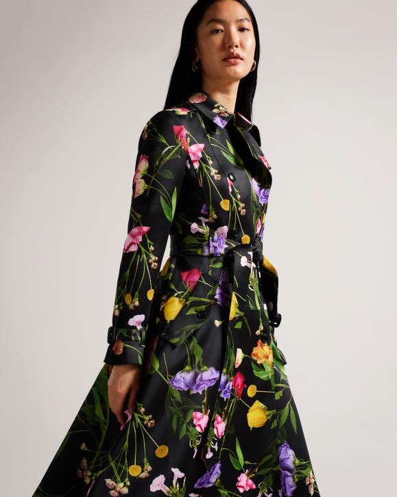 Ted Baker Moiraa Floral Double Breasted Trench Coat Black Clothing Women TLPL358