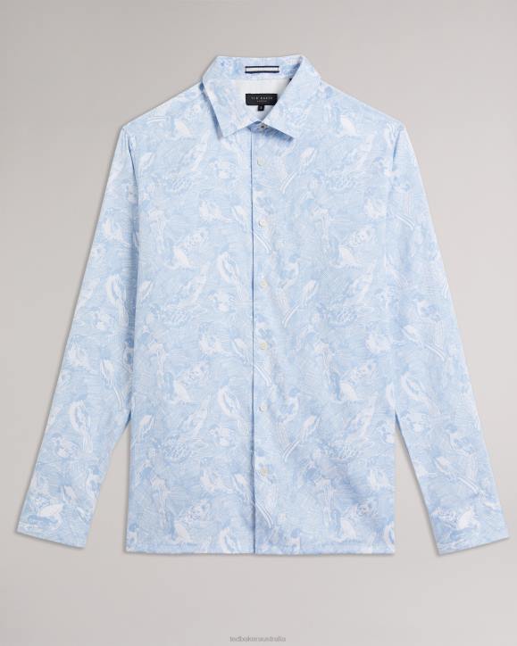 Ted Baker Mullen Long Sleeve Hand Drawn Bird Print Shirt Light Blue Clothing Men TLPL1269