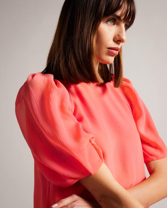 Ted Baker Natelie Boxy Top with Puff Sleeves Coral Clothing Women TLPL289