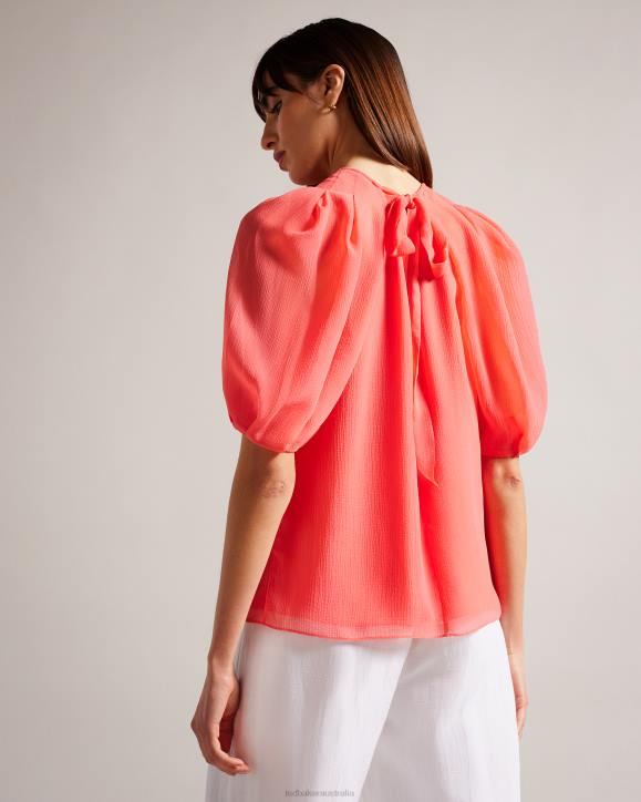 Ted Baker Natelie Boxy Top with Puff Sleeves Coral Clothing Women TLPL289