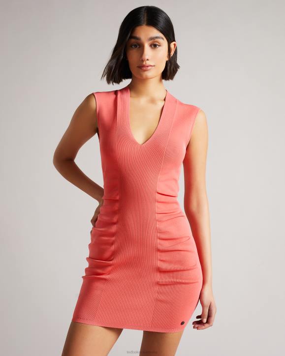 Ted Baker Novari Bodycon V-Neck Dress Coral Clothing Women TLPL612