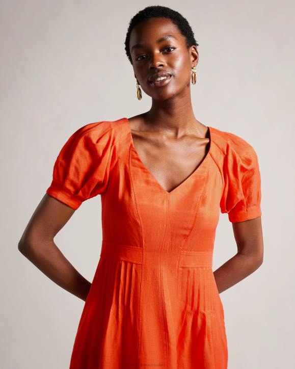 Ted Baker Opalz Fit And Flare Puff Sleeve Midi Dress Bright Orange Clothing Women TLPL209