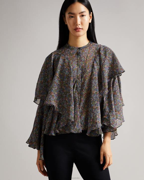 Ted Baker Pinku Retro Flood Printed Ruffle Blouse Black Clothing Women TLPL579