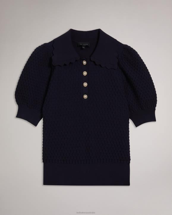 Ted Baker Reannia Polo Knit Top With Embellished Buttons Dark Blue Clothing Women TLPL367