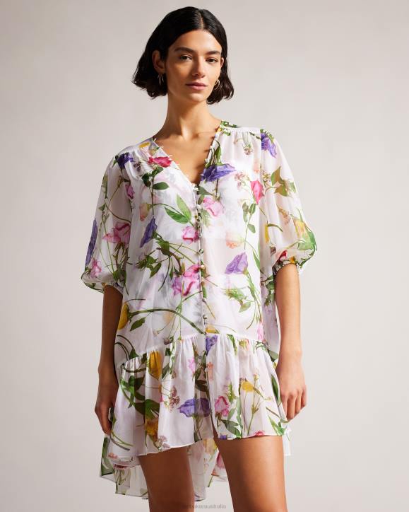 Ted Baker Rosmryy Floral Cover Up With Dropped Waist White Clothing Women TLPL264