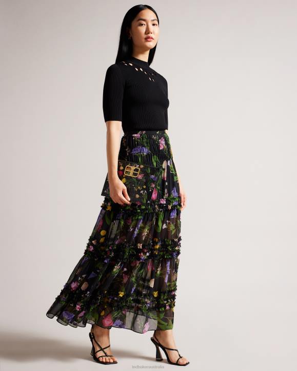 Ted Baker Thieaa Micro Ruffle Tiered Midaxi Skirt Black Clothing Women TLPL148