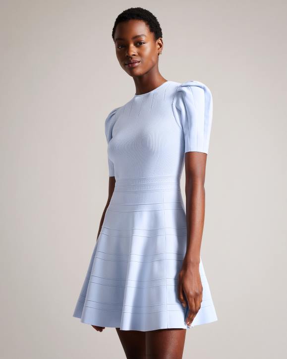 Ted Baker Velvey Puff Sleeve Dress With Engineered Skirt Baby Blue Clothing Women TLPL184