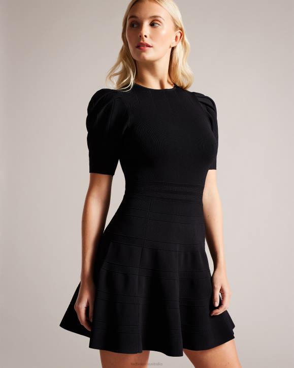 Ted Baker Velvey Puff Sleeve Dress With Engineered Skirt Black Clothing Women TLPL182