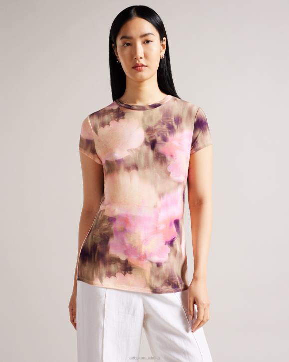 Ted Baker Yazmean Fitted Floral T-Shirt With Twisted Neck Coral Clothing Women TLPL263