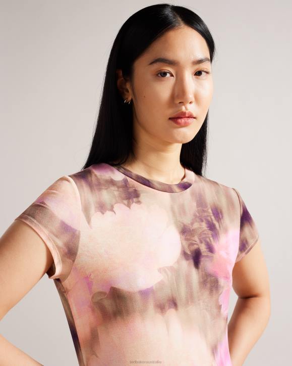 Ted Baker Yazmean Fitted Floral T-Shirt With Twisted Neck Coral Clothing Women TLPL263