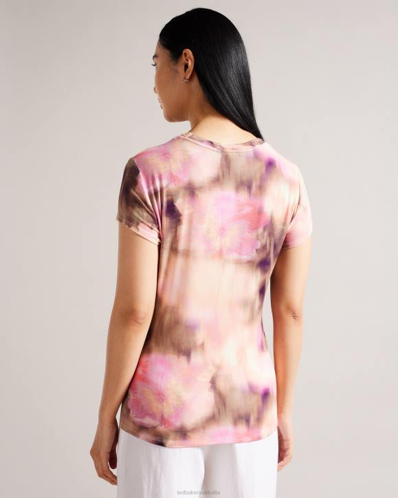 Ted Baker Yazmean Fitted Floral T-Shirt With Twisted Neck Coral Clothing Women TLPL263