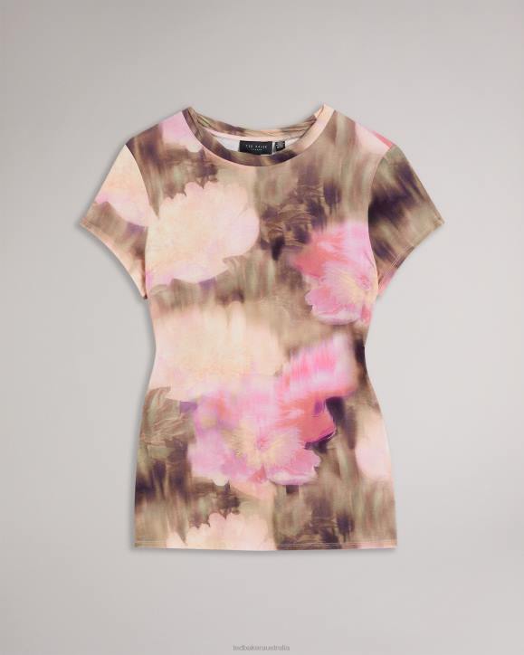 Ted Baker Yazmean Fitted Floral T-Shirt With Twisted Neck Coral Clothing Women TLPL263