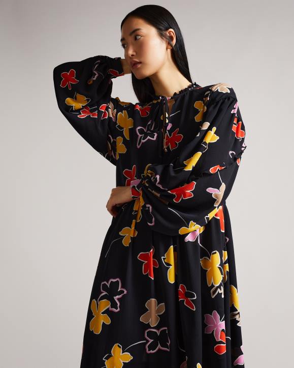 Ted Baker Yviee New World Oversized Midi Dress With Ruffles Black Clothing Women TLPL538