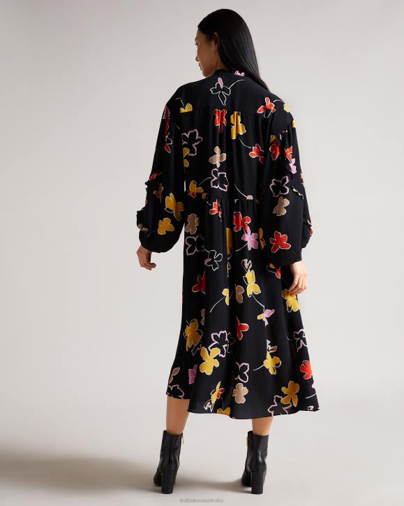 Ted Baker Yviee New World Oversized Midi Dress With Ruffles Black Clothing Women TLPL538