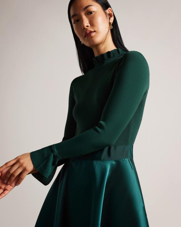 Ted Baker Zadi Knitted Frill Full Skirt Dress Dark Green Clothing Women TLPL244